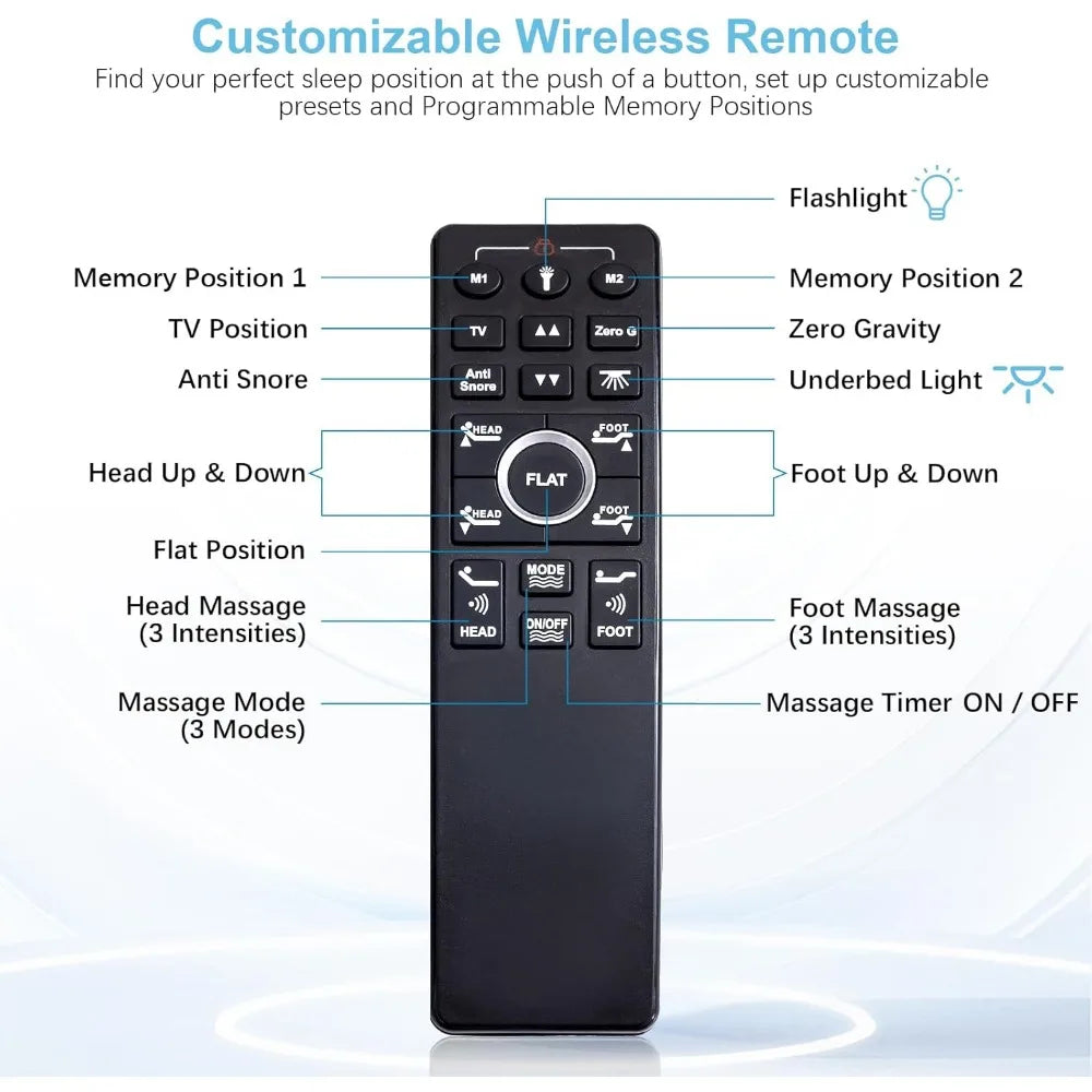 Adjustable Bed Frame Base Queen with Massage,Wireless Remote Control,Ergonomic Motorized Head and Foot Incline,Zero Gravity,Ant