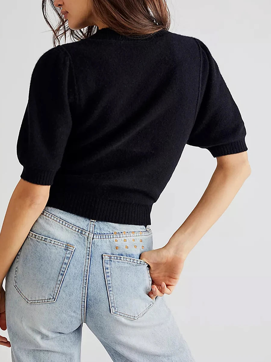 Women Knit Sweater Short Sleeve Sweater Crew Neck Solid Pullover Tops for Casual Daily