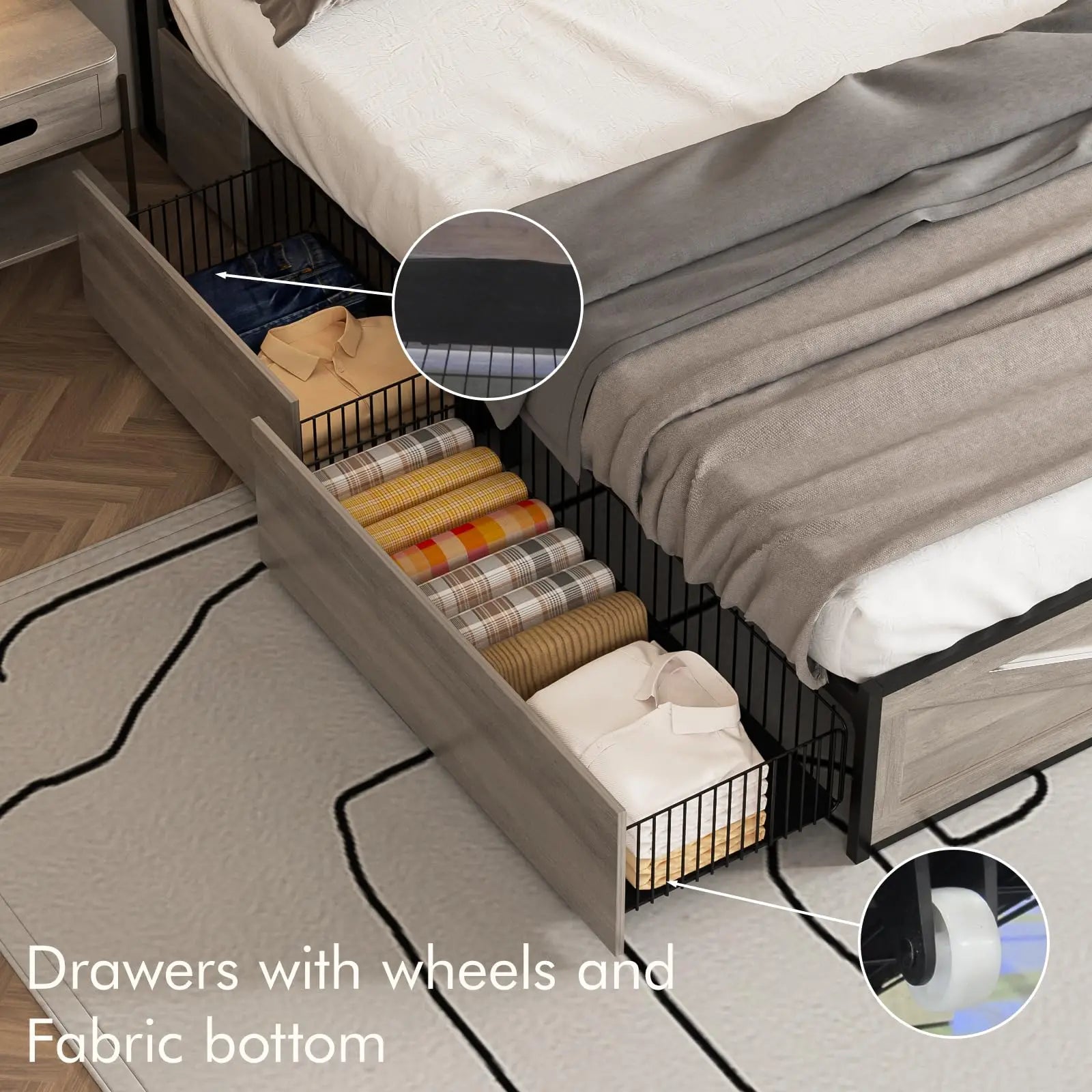 Vabches Queen Size Bed Frame with Headboard&4 Storage Drawers Metal Platform Bed Frame with LED Lights&Power Outlet for Bedroom