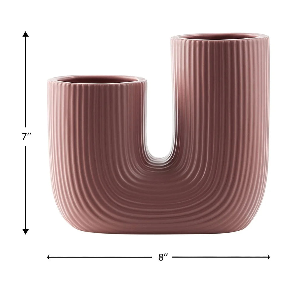 Fluted Ceramic Vase U Shape Decorative Home Accent Flowers Bouquets Indoor Use Elegant Modern Design Ideal Shelf Table Decor