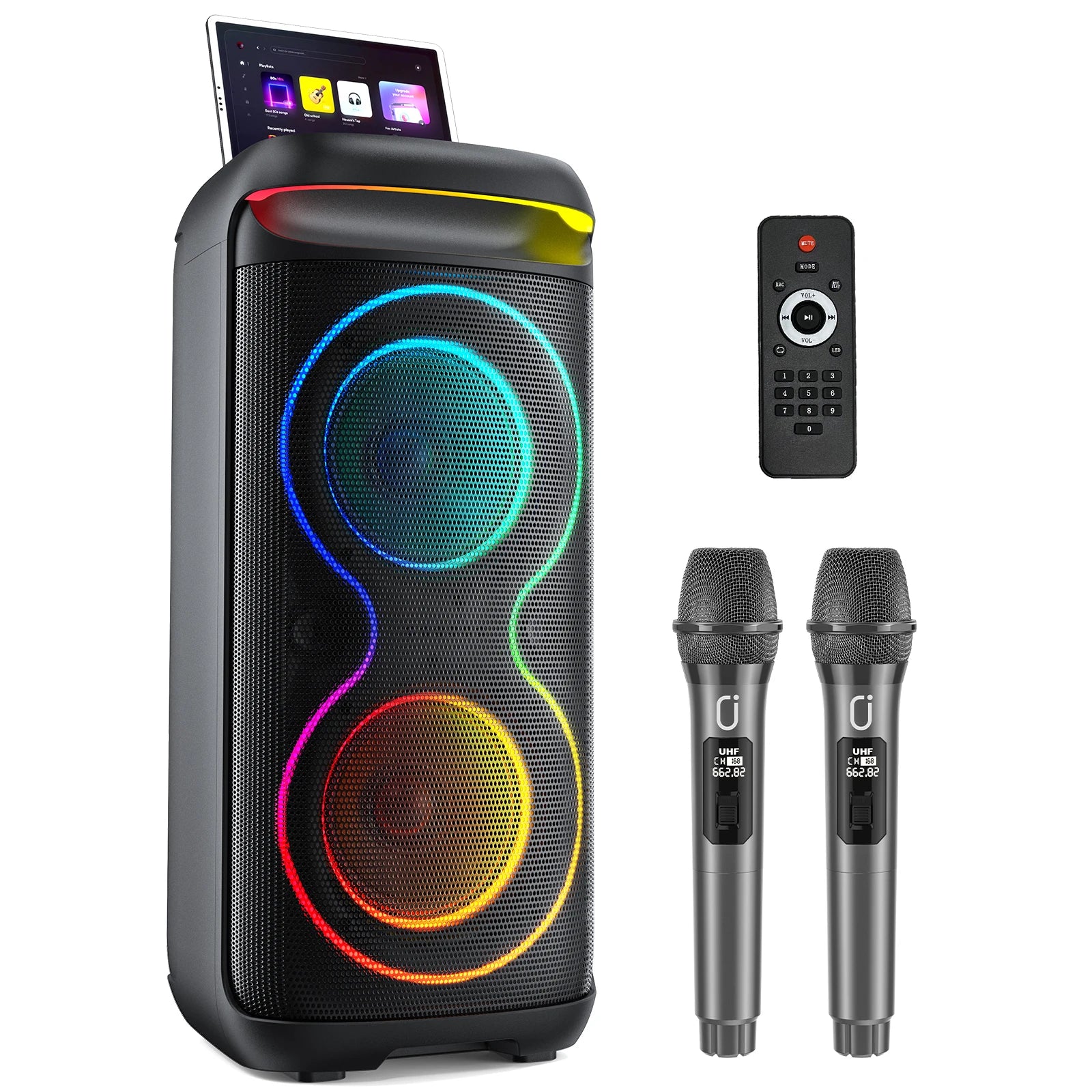 Karaoke Machine, 8" Big Bluetooth Party Speaker with 500W Peak Power, PA System with LED Disco Light, Rolling Wheels and Trolley