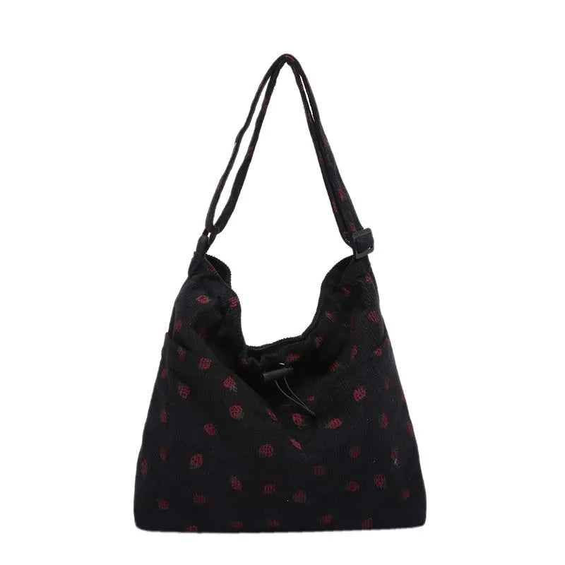 Women Corduroy Shoulder Bag Strawberry Handbag Adjustable Strap Multi-Pocket Work Shopping Bag