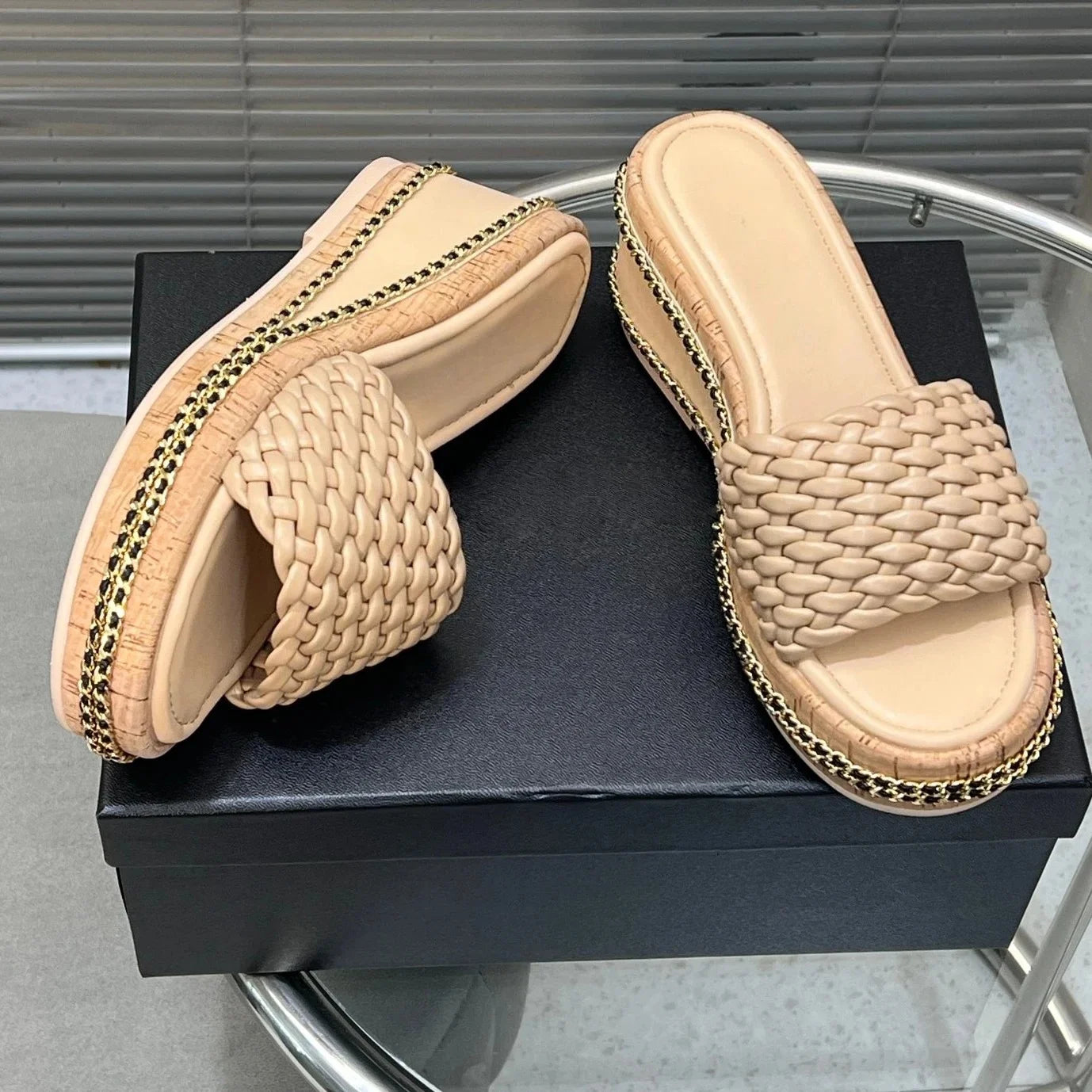 2025 New Arrival Handmade Genuine Leather Open-Toe Wedges Woman Slippers Weave Beach Slides Platform Elevator Shoes Botas Mujer