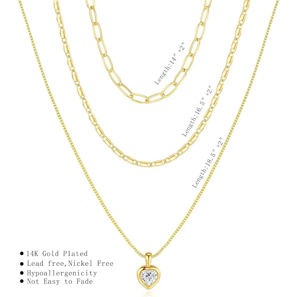 Layered Gold Necklace for Women, Trendy Stackable 14k Gold CZ Diamond Cross Pendant Necklace Jewelry, Paperclip Box Flat Necklac