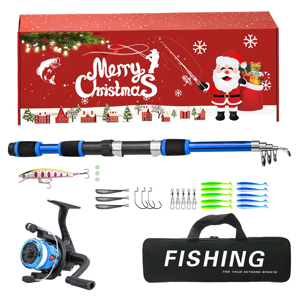 Fishing Pole Set Full Kits with Telescopic Fishing Rod and Spinning Reel Fishing Lures Hooks Travel Pole Set Xmas Gifts for Men