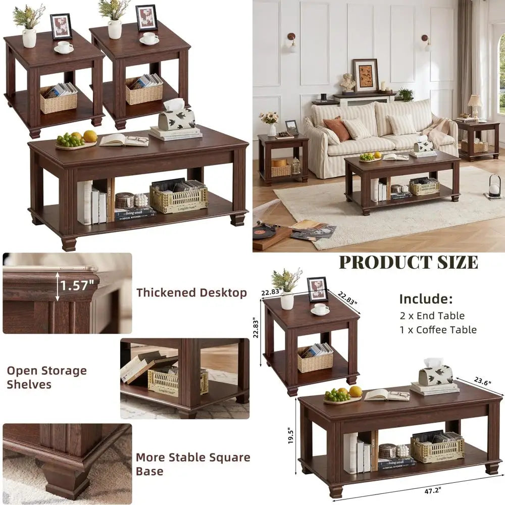 rustic 3-piece wooden coffee and end table set with open shelves for living room