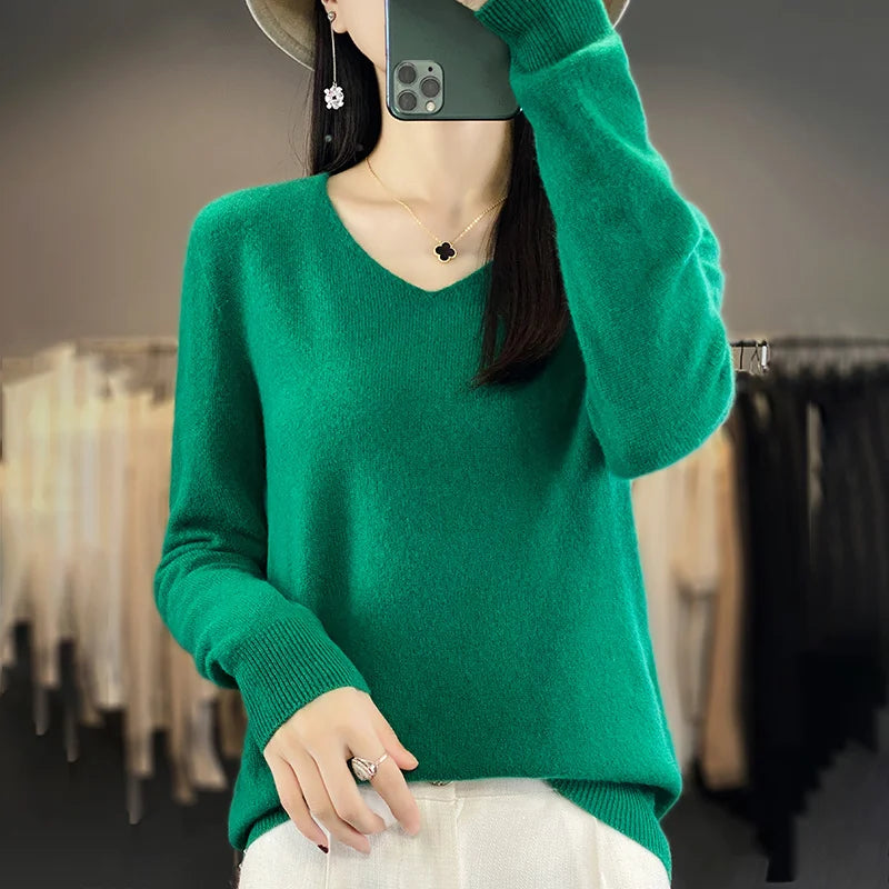 Sweater For Women 100% Merino Wool V Neck Sweater Fall Winter Basic Warm Pullovers Long Sleeve Soft Knit Jumpers Female Clothing