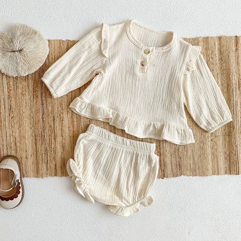 Baby Girls Clothes Sets Long Sleeve Outfits Newborn Muslin Cotton Shirt Tops+Shorts Suits Clothes 2PC 0-3T
