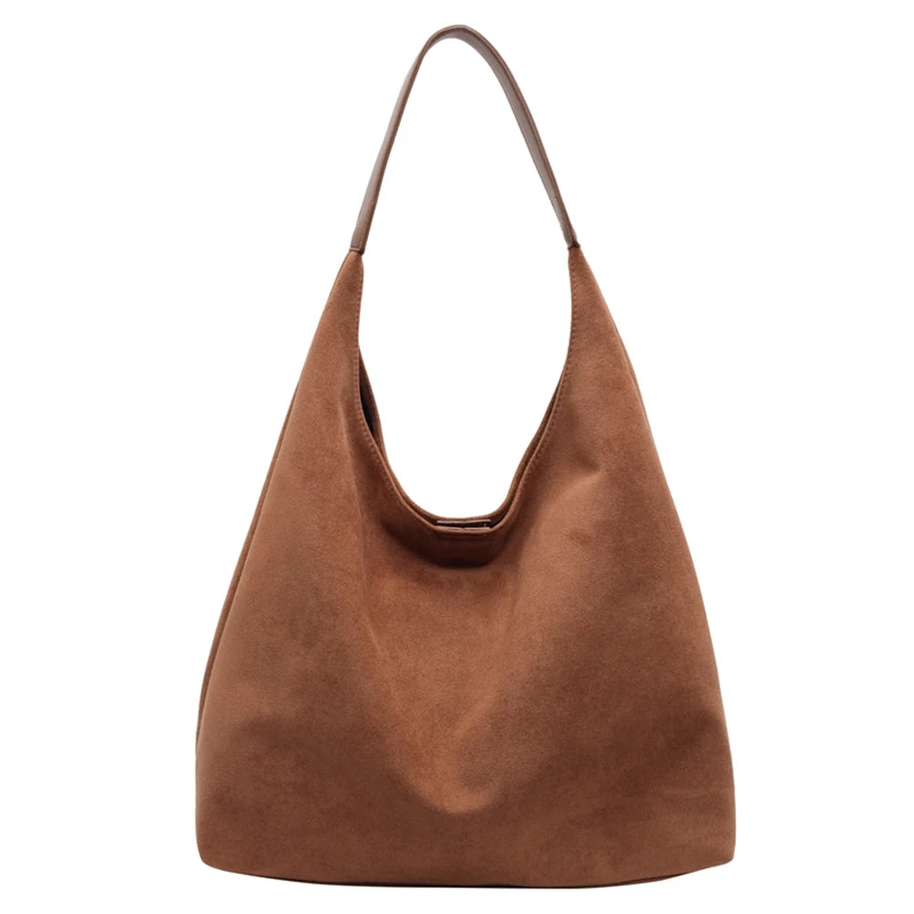 Women Suede Shoulder Bag Trendy Bucket Bag with Pocket Retro Handbag Hobo Bag for Work Travel Shopping