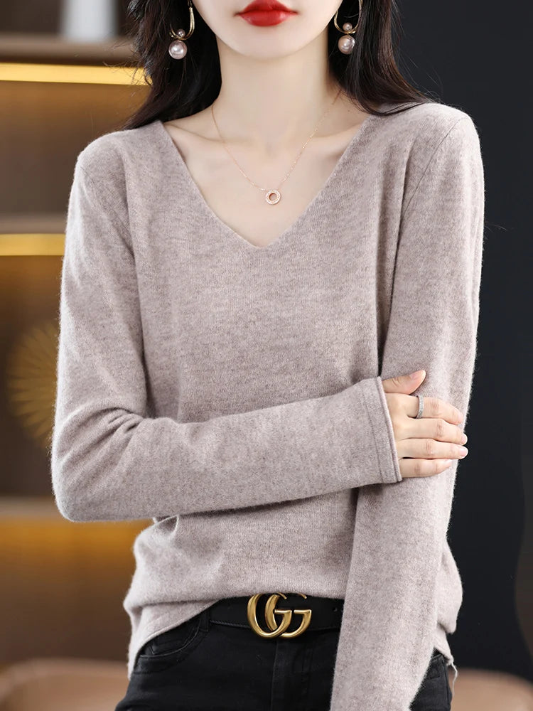 Women's Pullover Sweater For Autumn Winter 100% Merino Wool Knitted Sweater V-neck Basic  Cashmere Long Sleeve Tops