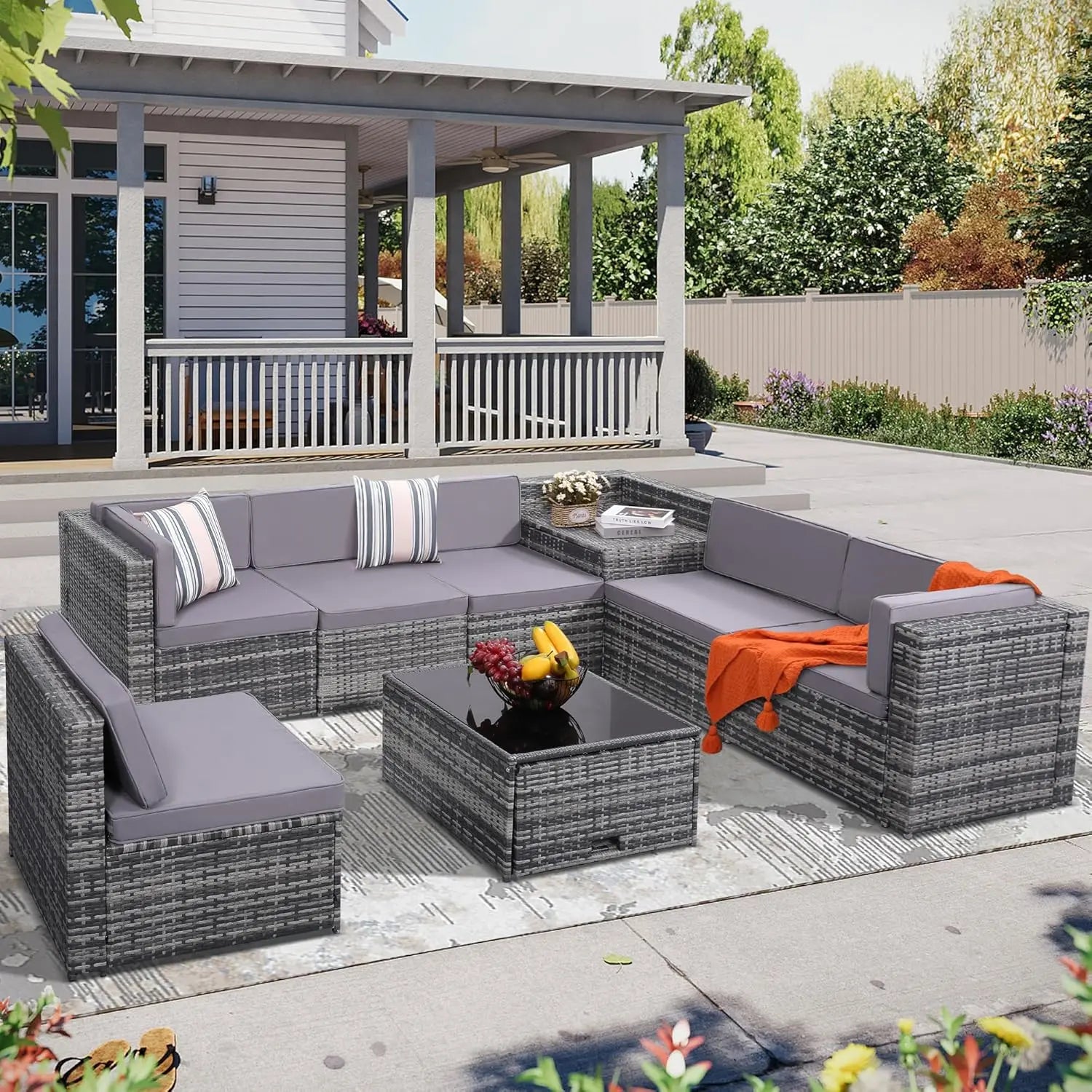 8 Piece Outdoor Wicker Patio Furniture Sectional Set, Glass Top Table with Hidden Storage, Grey Rattan with Light Grey Cushions