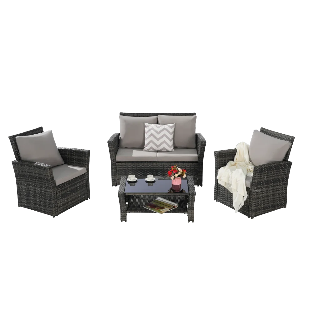 4 Pieces Outdoor Patio Furniture Sets Garden Rattan Chair Wicker Set, Poolside Lawn Chairs with Tempered Glass Coffee Table