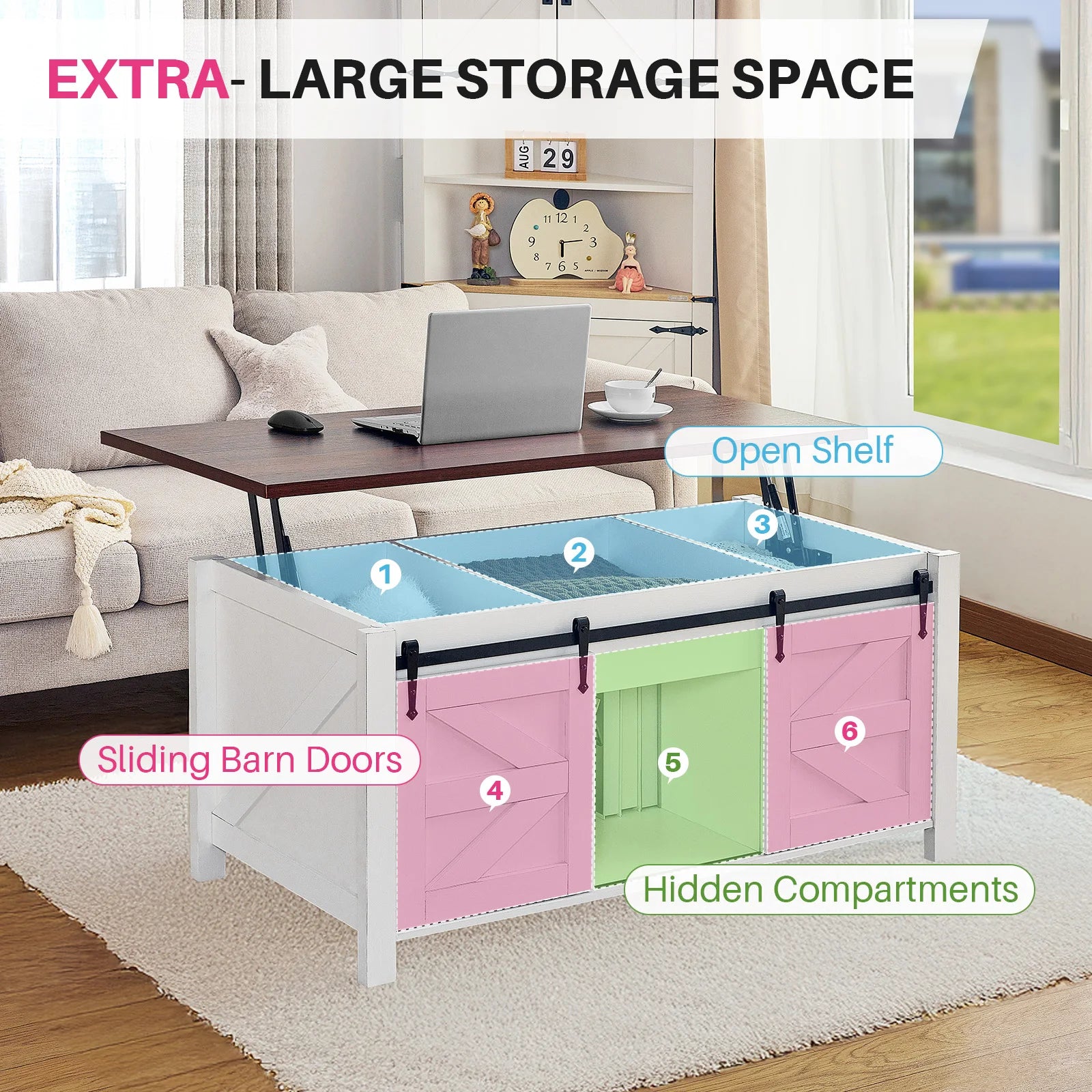 Redlife 47.2" Lift Top Coffee Table, Rustic Center Table w/ Hidden Storage Compartment  Sliding Barn Door for Living Room Office