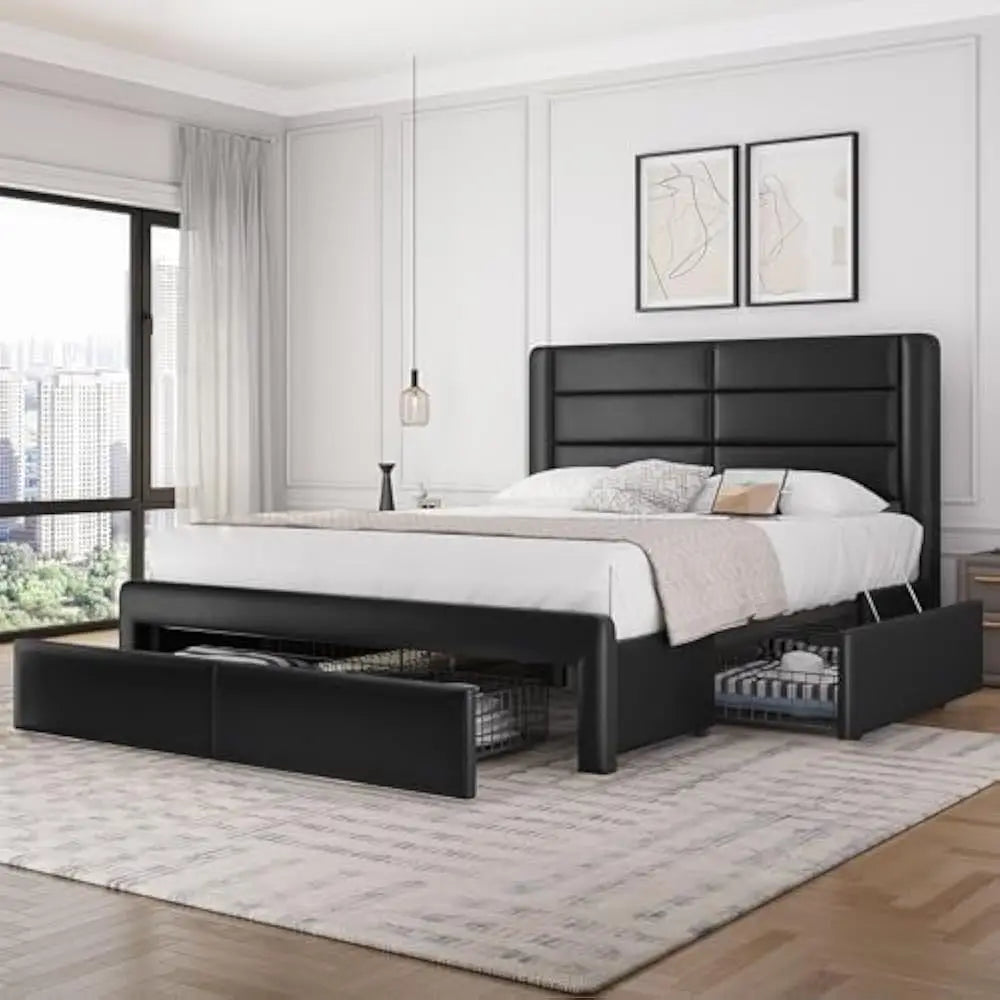Queen Size Bed Frame with 2 USB Charging Station/Port for Type A&Type C/3 Storage Drawers with Headboard/No Box Spring Needed