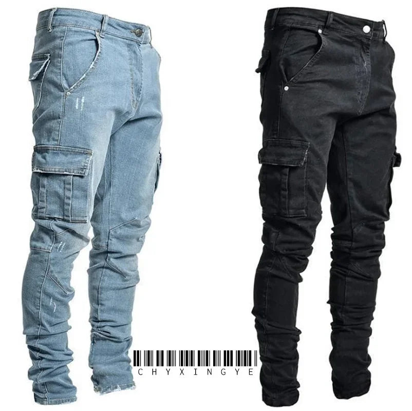 Mens Stretch Jeans Black Big Side Pockets Cargo Jeans Fashion Zipper Small Foot Denim Pants Elastic Jogging Trousers Streetwear