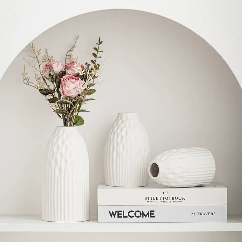 Ceramic Vases Set of 3 White Round  Design Handmade Terracotta Flower Pot Home Decor Christmas Decoration Table Centerpiece