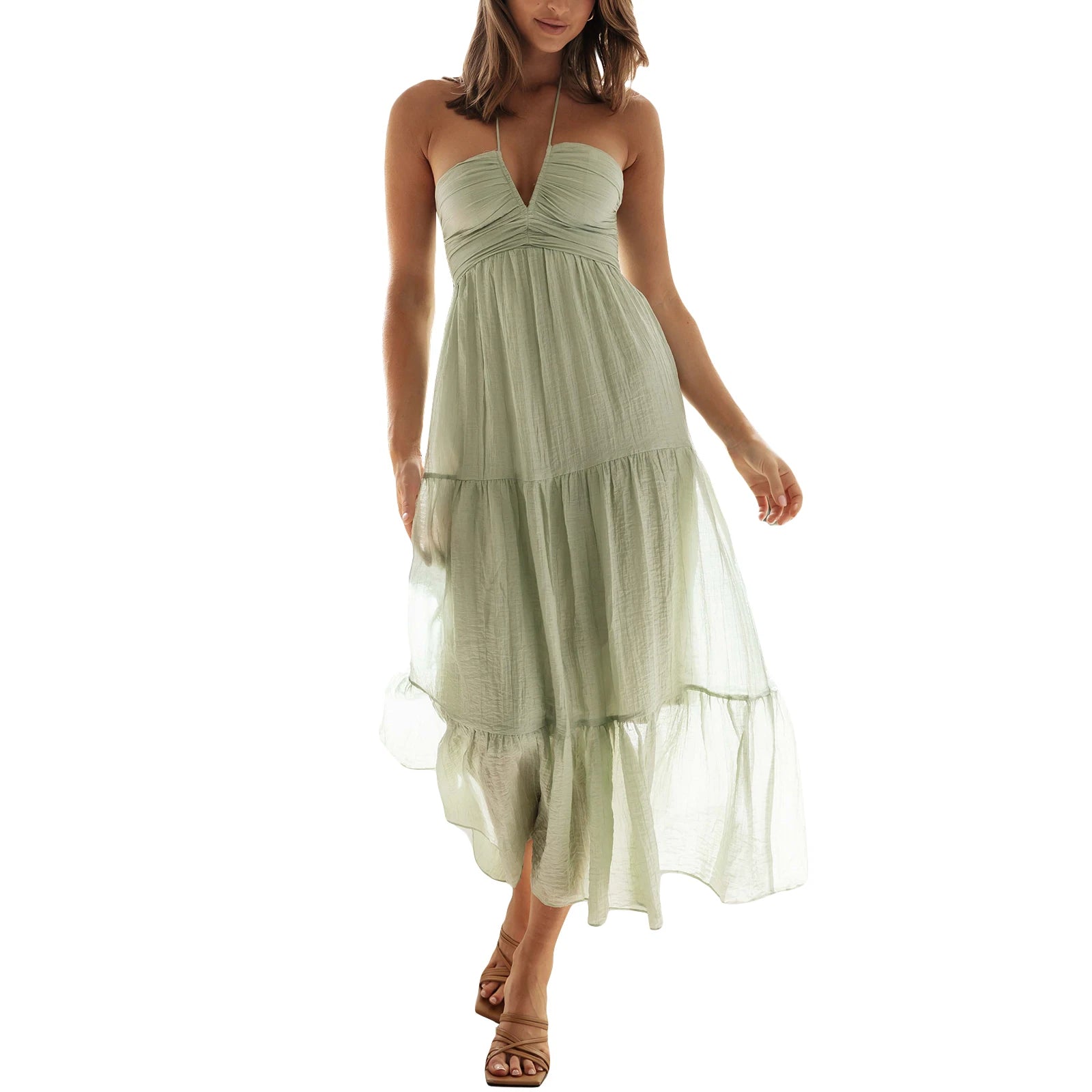 Elegant Sleeveless Maxi Dress with Halter Neckline and Backless Design Perfect for Summer Beach Parties and Casual Events