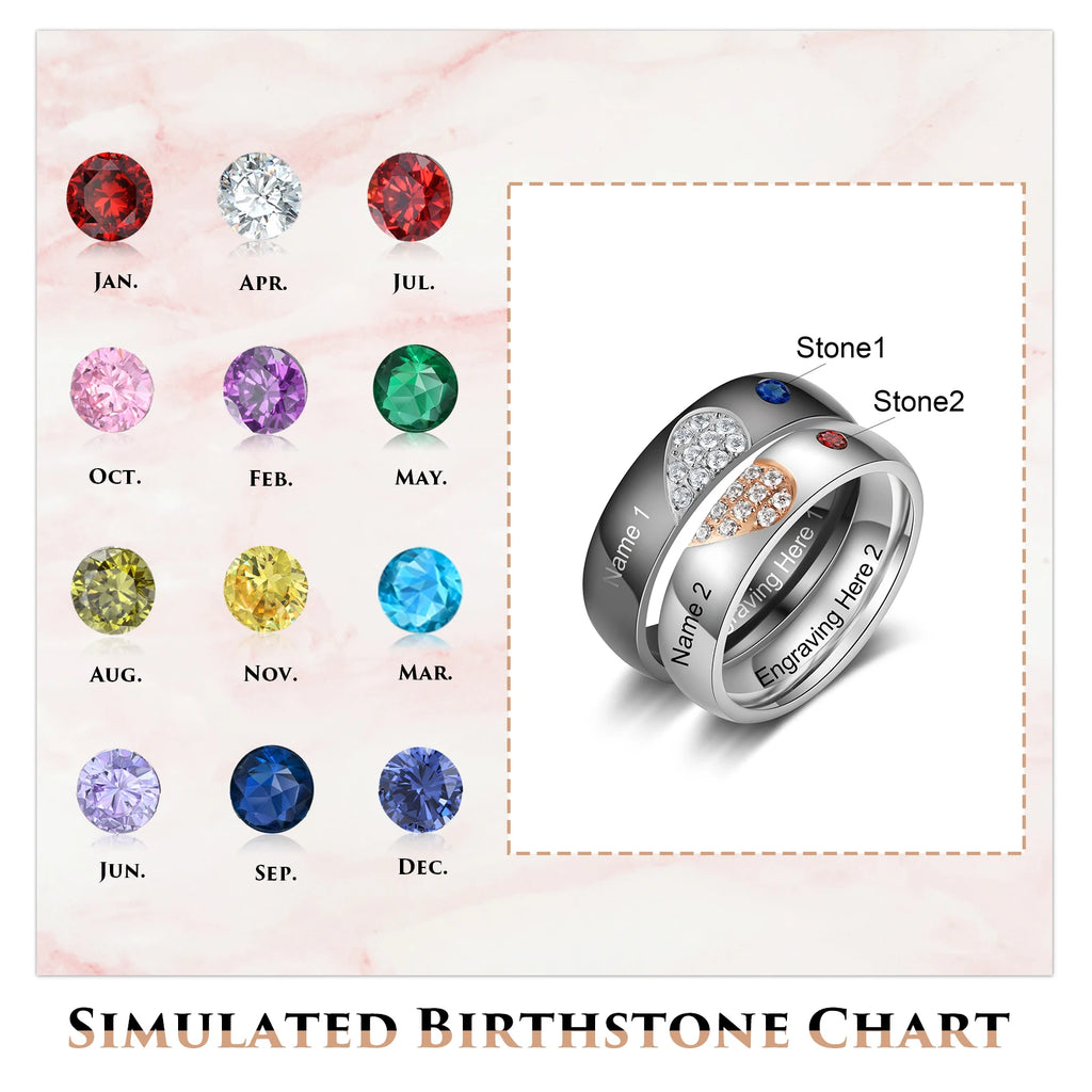 Personalized Stainless Steel Heart Couple Rings for Lovers Engrave Name With Birthstone Customized Gift for Boyfriend Girlfriend