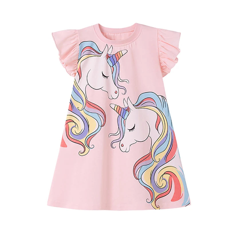 Baby Girls 2025 New Summer Kids Clothes Children's Clothing Cotton Cartoon Unicorns Pink Dresses Holiday Gifts