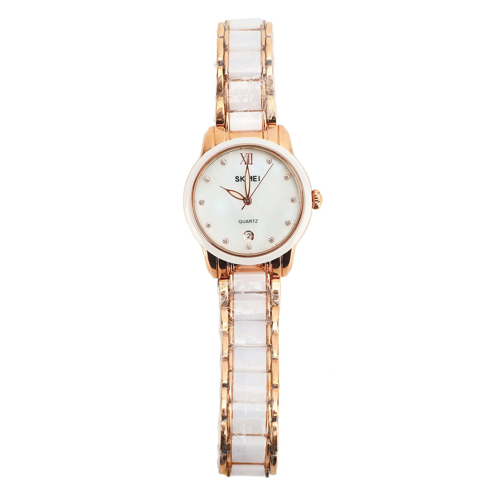 Women Quartz Watch Rhinestone Decoration Ceramic Stainless Steel Band Water Resistant Portable Wrist Watch with Date Rose Gold