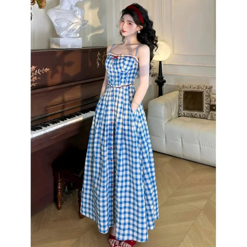 Summer Plaid Halter Dress Slimming Square Collar French Style Splicing Mini Dress Knee Length Empire Waistline Vintage Checkered