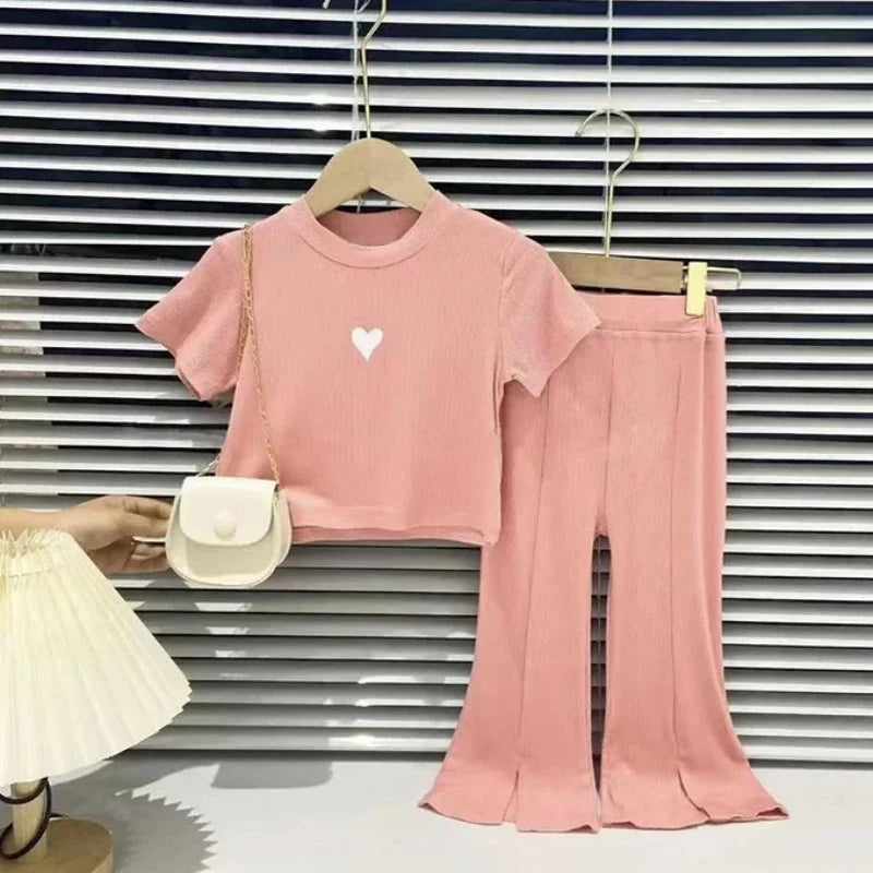 Baby Girls Clothes Outfit Summer Sweet Heart  Top & Pants 2 Pieces Set Teenage Girl Bell-bottom Trousers Tracksuit Kids Clothes