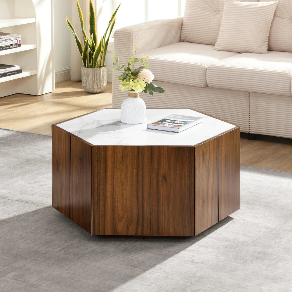 Hexagonal Rustic Retro Wood Coffee Table, with 2 Hidden Drawers, Textured Black Marble Tops, Light Brown Oak Finish,tea Table