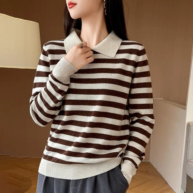 Autumn Winter Woman 100% Merino Wool Sweater POLO Collar Pullover Colorful Stripes Knitwear Bottoming Clothing Long Sleeve Tops