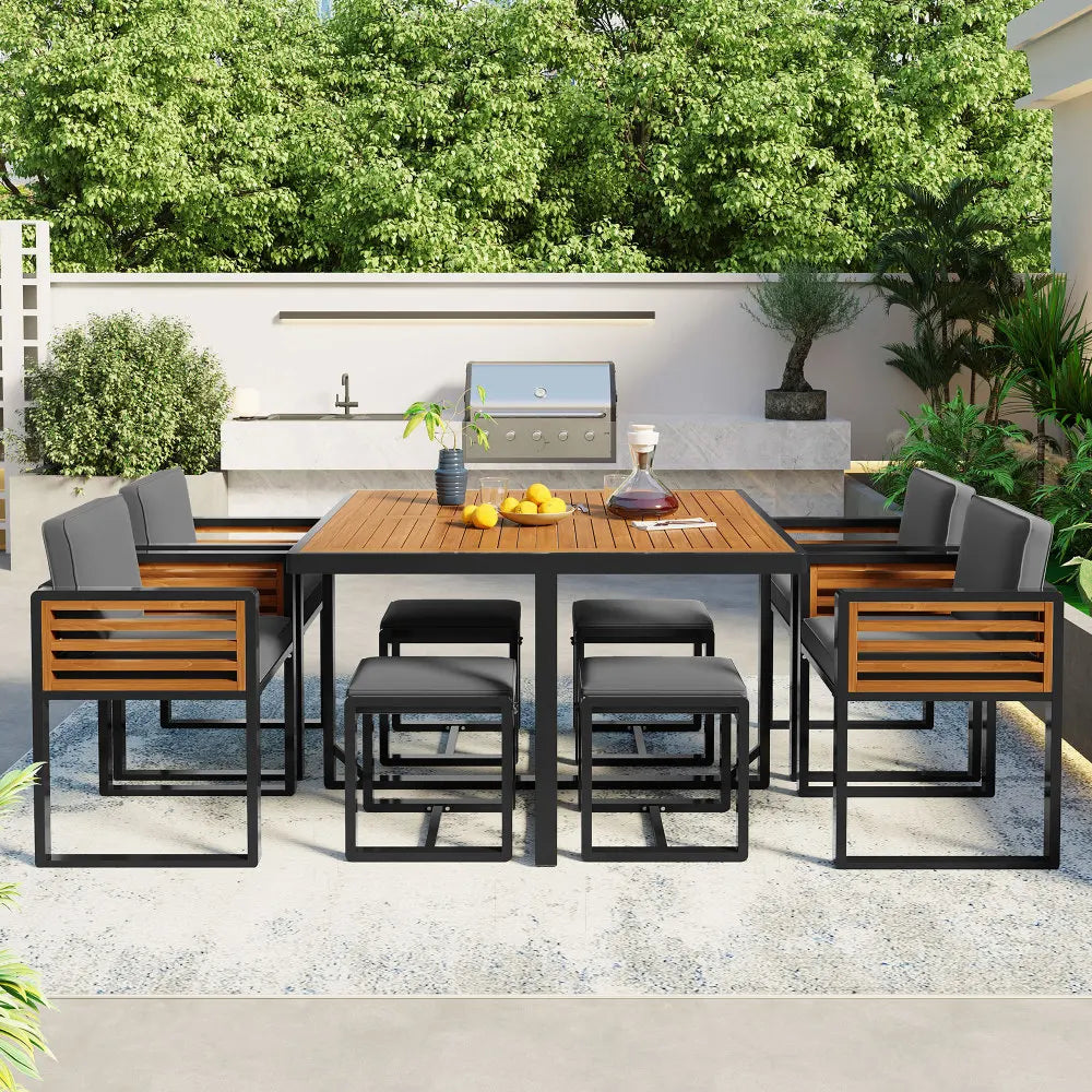 9-Pieces Acacia Wood Patio Dining Set, Space Saving Outdoor Patio Set, 4 Cushioned Chairs & 4 Ottomans & 1 Square Table
