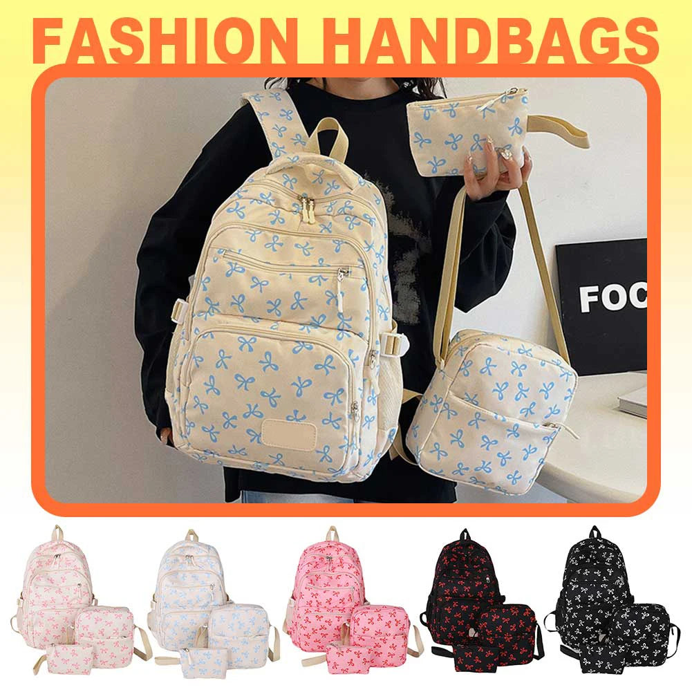 3Pcs/Set Bow Print Backpack with Crossbody Bag and Small Purse Bow Student Bookbag Cute Laptop Backpack for Teens Girls