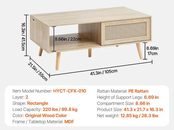 SucceBuy Rattan Coffee Table Rectangle Coffee Table 42-47in Modern Boho Style 2 Layers Storage Coffee Table for Home Bedroom