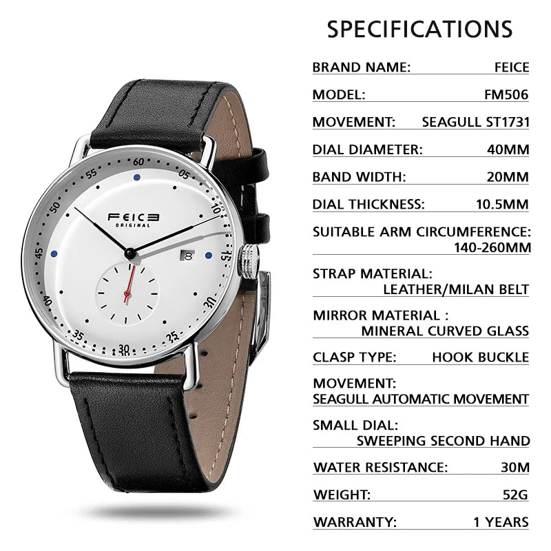 FEICE Men's Automatic Watch  Classic Bauhaus Mechanical Watch Curved Mirror Waterproof Casual Dress Watches FM506