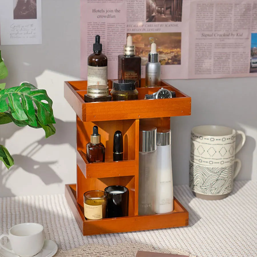 Wooden cosmetics rotating storage rack, can hold small items and cosmetics, suitable for bedrooms, dressing tables,and bathrooms