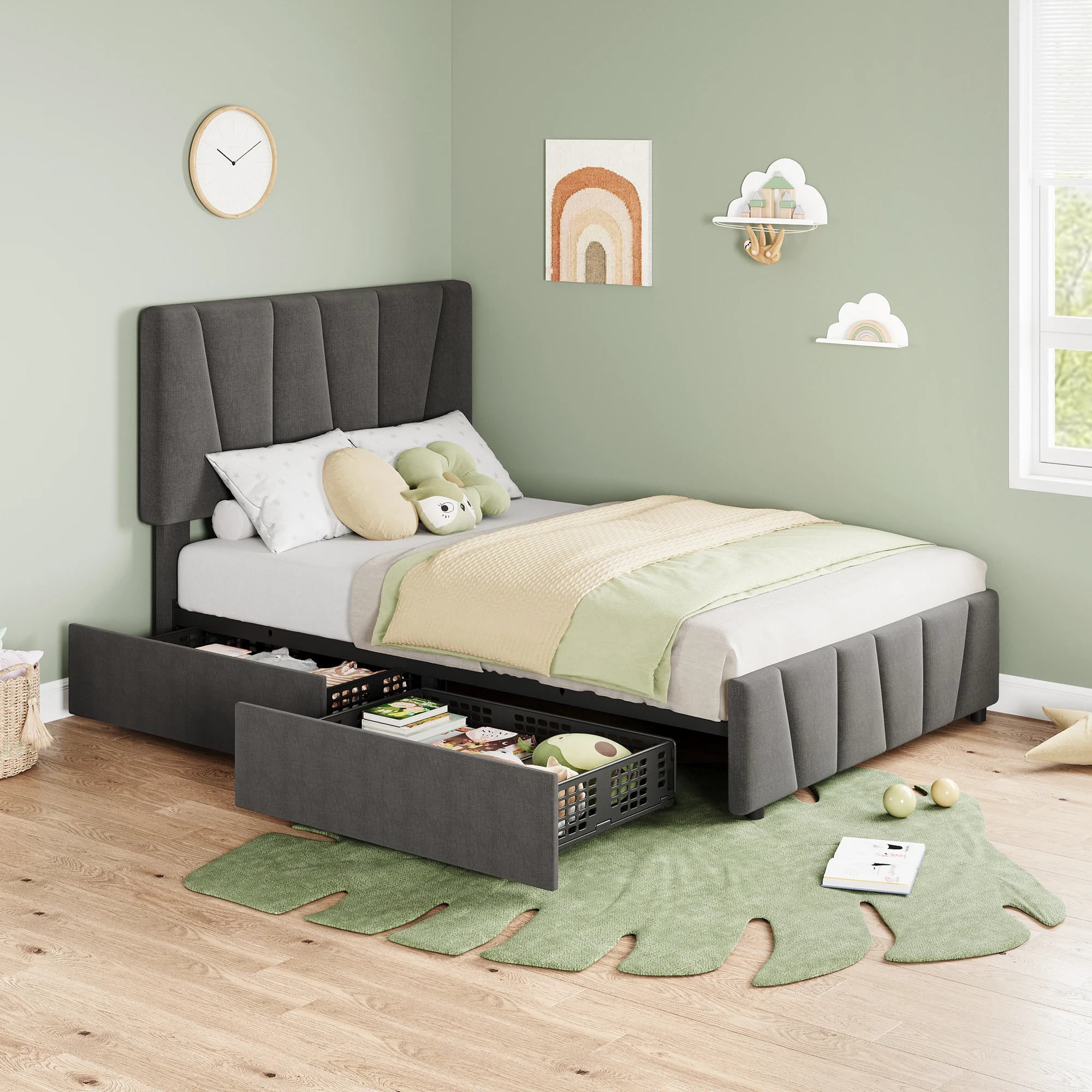 Full Size Bed Frame with Adjustable Headboard and 4 Storage Drawers, Upholstered Platform Bed Frame Wooden Slats Support