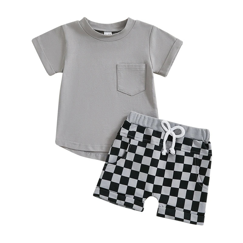 Cute Infant Boy Casual Wear Solid Color Tee and Plaid Shorts Set for Hot Weather 2 Piece Outfit for Toddlers