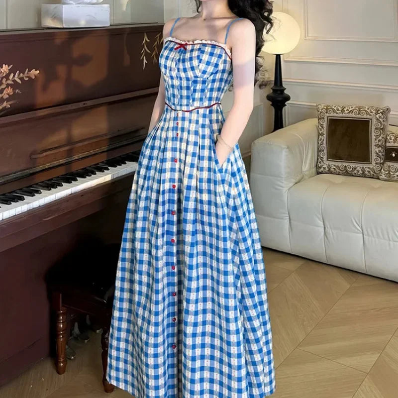 Summer Plaid Halter Dress Slimming Square Collar French Style Splicing Mini Dress Knee Length Empire Waistline Vintage Checkered