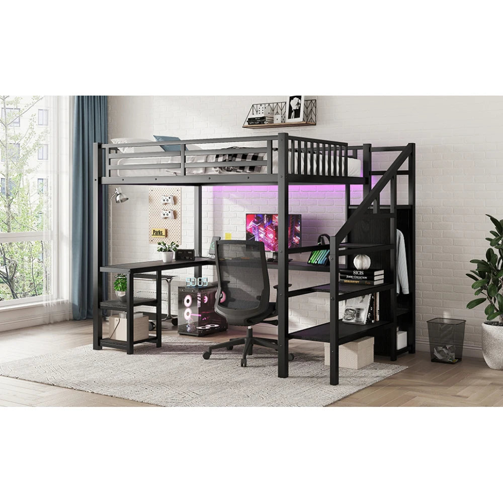 Metal Full Loft Bed with Wardrobe and LED Light, Full Size Loft Bed with L Shaped Desk and USB for Kids Teens Adults, Black