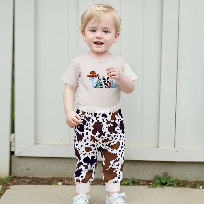 Baby Boy Cowboy Birthday Outfit Rodeo Theme Shirt and Jeans Set with Cow Print Elastic Waistband - 2 Piece Set