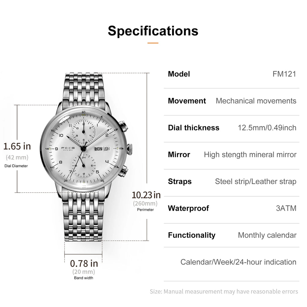 FEICE Men’s Watches Automatic Bauhaus WristWatch Stainless Steel Mechanical Dress Watches for Men with Leather Bands Date FM121