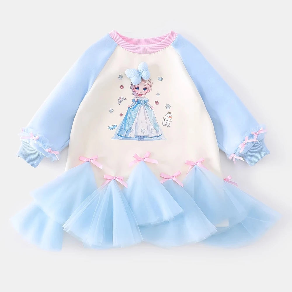 Girl's Fall/Winter Sweatshirt Long Sleeve Princess Elsa Snow White Cartoon Print Tulle Skirt Casual Hoodie Dress 2-12 Years Old