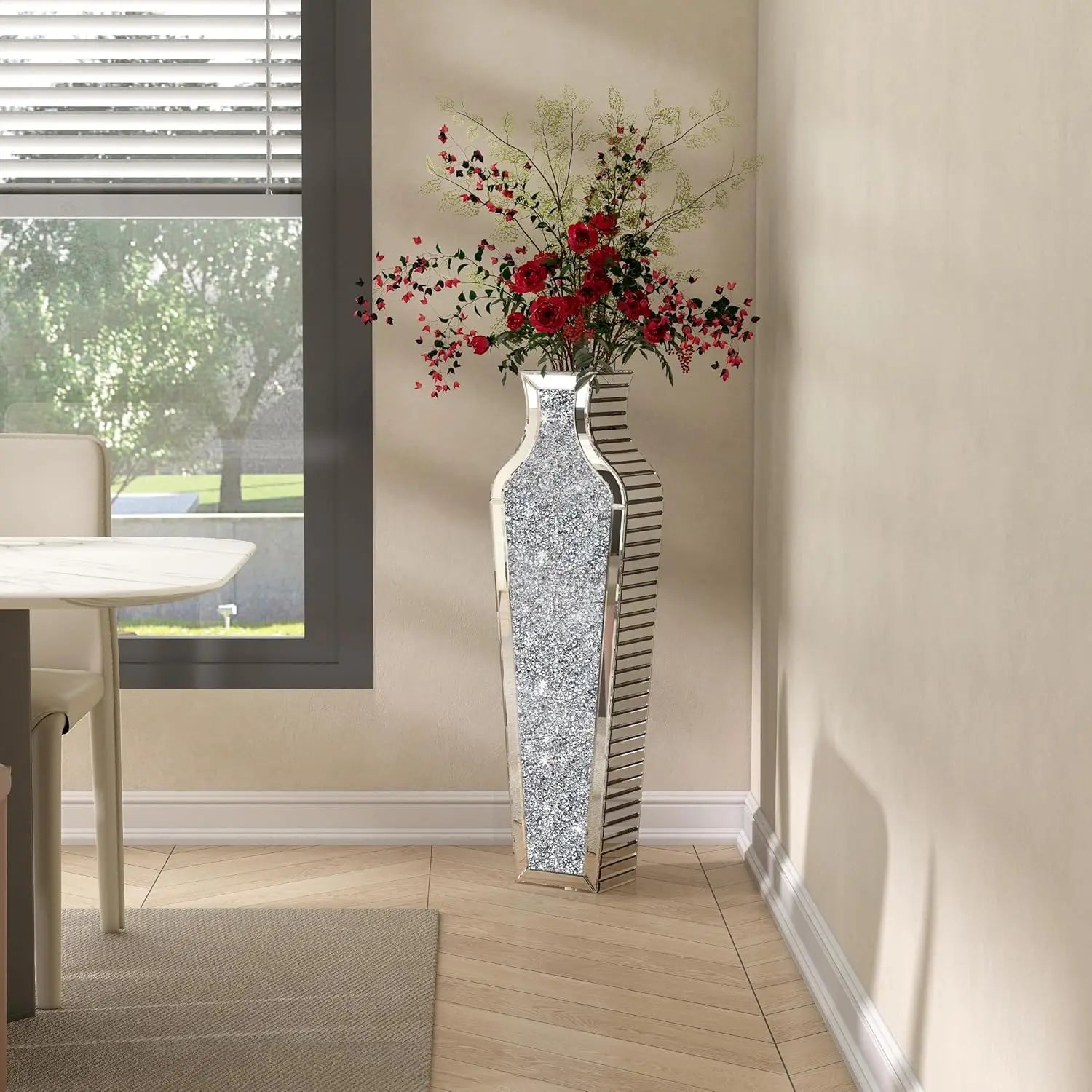 2 Shapes 68CM Crushed Diamond Decorative Mirrored Floor Vase Crystal Silver Glass Flower Vase for Pampas Grass Artificial Flower