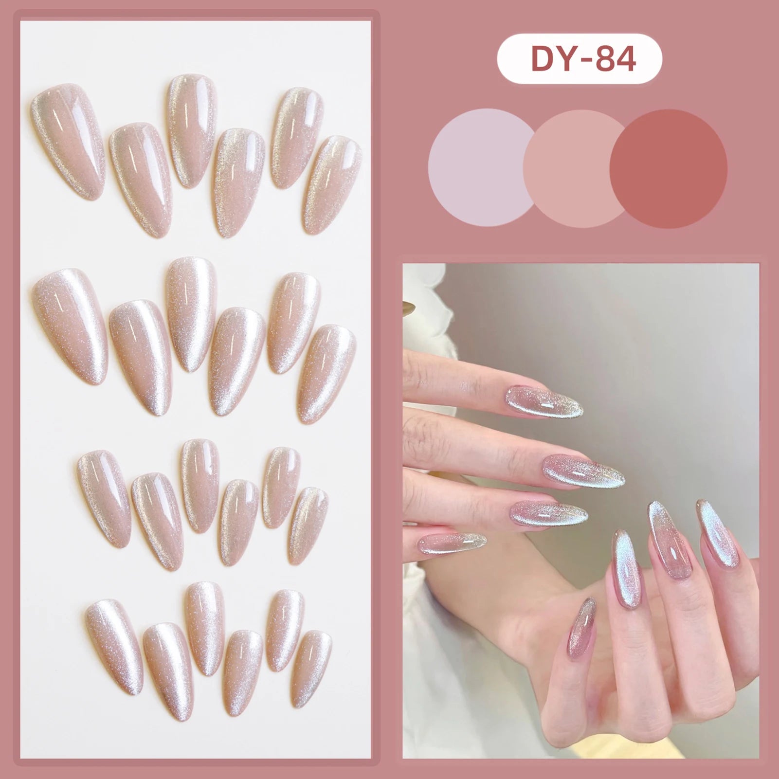24pcs Almond False Nail Glittering Cat Eye Style Pointed Tips Artificial Nail for Women and Girl Nail Salon at Home