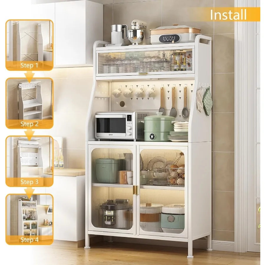 Bakers Rack with Storage Kitchen Storage Hutch Cabinet with Doors and Wheels Freestanding Microwave Stand with Adjustable Shelf