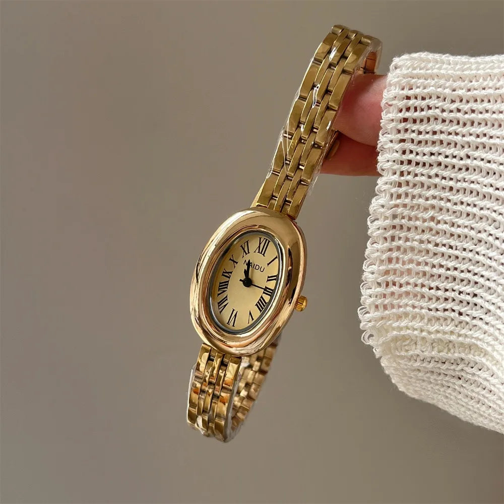 Hot Sale Fashion Watch for Women Mid Ancient Style Oval Dial Small Gold Watch Adjustable Steel Strap Quartz Wristwatch Wholesale