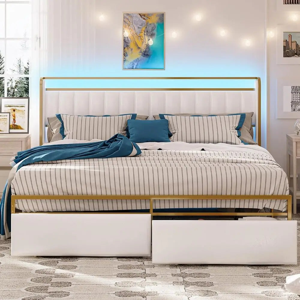 LIKIMIO Queen / Twin Bed Frame with Armrests Headboard & RGB Light, Upholstered Queen Size Bed Platform with Drawers, No Noise