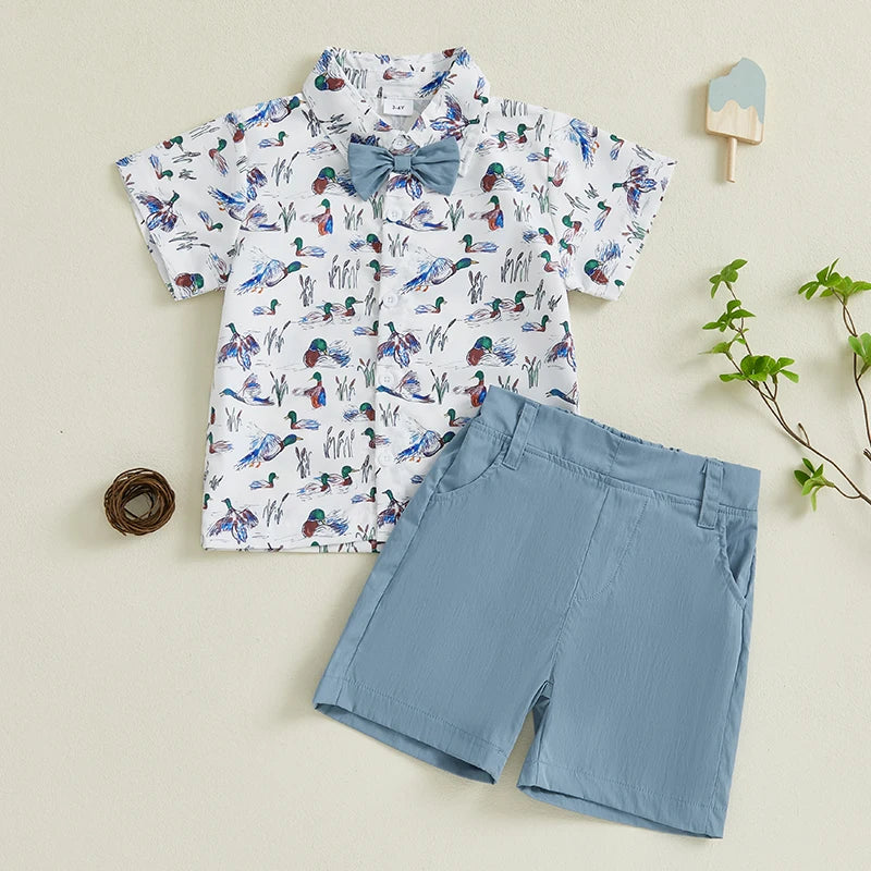 Baby Boy Casual Outfits Dinosaur Print Short Sleeve Collared Shirt with Denim Shorts 2Pcs Set for Summer Wear