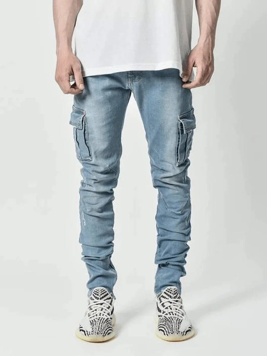 Mens Stretch Jeans Black Big Side Pockets Cargo Jeans Fashion Zipper Small Foot Denim Pants Elastic Jogging Trousers Streetwear
