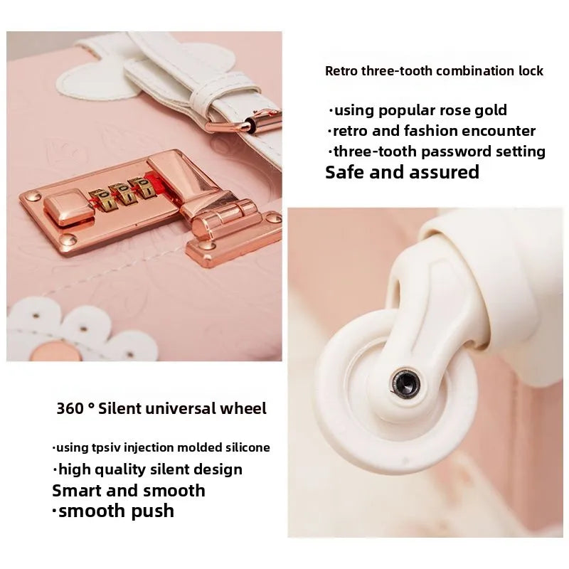 Vintage Style Luggage Carry On Trolley Suitcase With 360° Wheels For Women Men In Pink 20 22 24 26 Inch Cute Retro Travel Bag