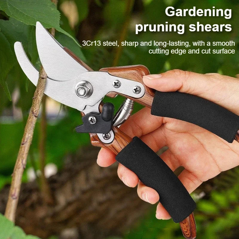 Garden Pruning Shears - Labor-Saving Spring, Sharp Blade, Bent Head, Glass Fiber Wood Grain Sponge Handle