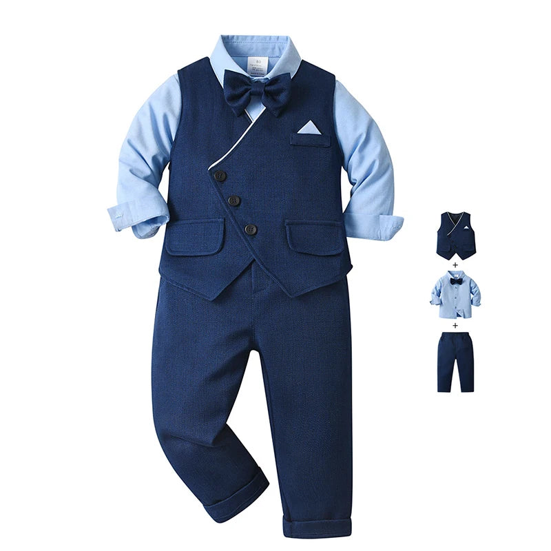 Baby Boy Clothes Sets Formal Suit Boys Long Sleeve Shirt Vest Trousers 3Pcs Sets Children Gentleman Birthday Party Clothing 1-6Y